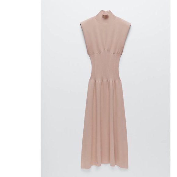 ZARA SHOULDER PAD HIGH COLLAR BANDAGE KNIT MIDI MAXI DRESS